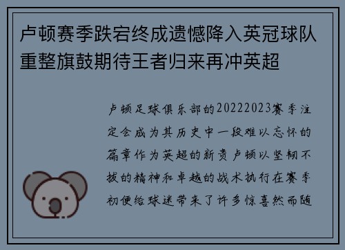 卢顿赛季跌宕终成遗憾降入英冠球队重整旗鼓期待王者归来再冲英超