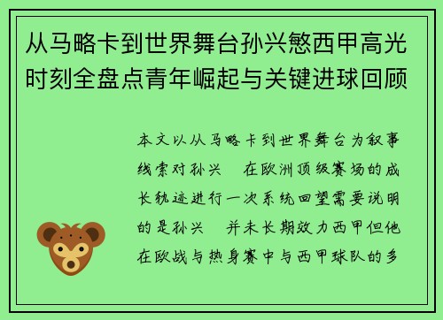 从马略卡到世界舞台孙兴慜西甲高光时刻全盘点青年崛起与关键进球回顾